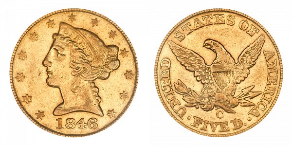 1846 C Liberty Head $5 Gold Half Eagle - Five Dollars 