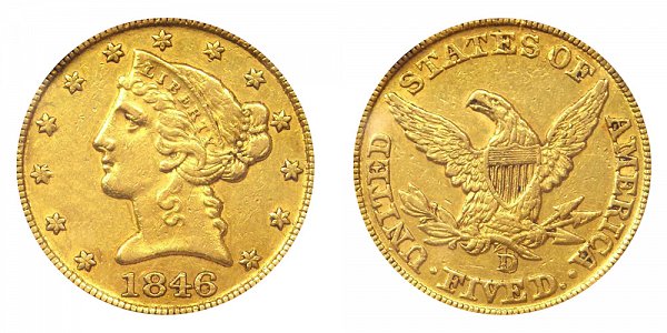1846-D/D Liberty Head $5 Gold Half Eagle - Five Dollars - High D Over D