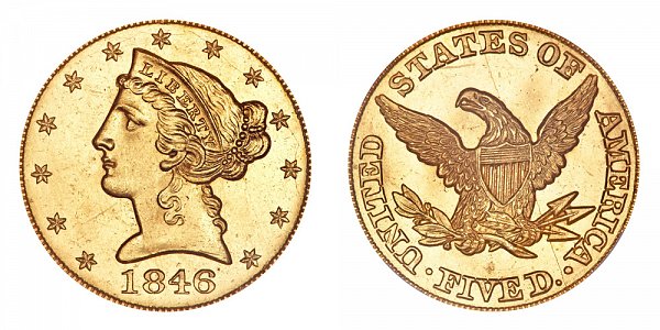 1846 Liberty Head $5 Gold Half Eagle - Five Dollars - Large Date 