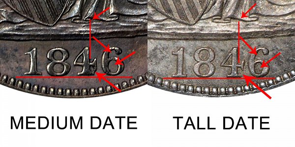 1846 Medium Date vs Tall Date Seated Liberty Half Dollar - Varieties and Comparisons 