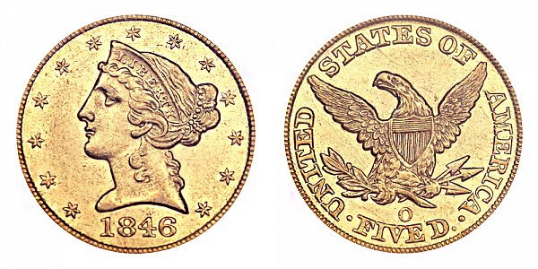 1846 O Liberty Head $5 Gold Half Eagle - Five Dollars 