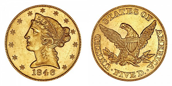 1846 Liberty Head $5 Gold Half Eagle - Five Dollars - Small Date 