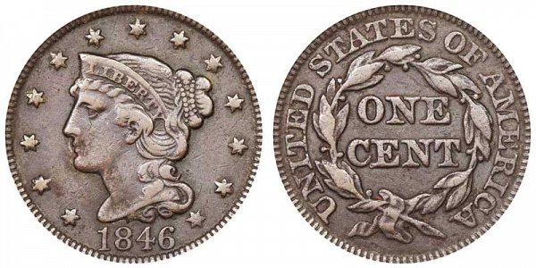 1846 Braided Hair Large Cent Penny - Tall Date 