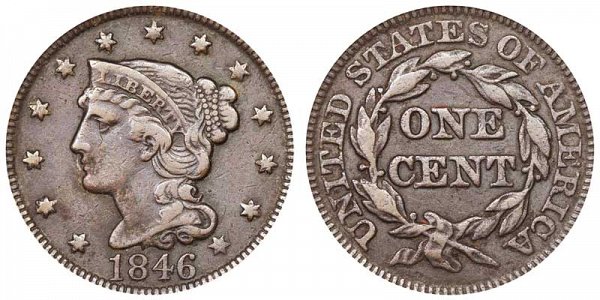 1846 Braided Hair Large Cent Penny - Tall Date