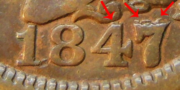 1847/7 Braided Hair Large Cent Penny - 7 Over Small 7 Overdate 