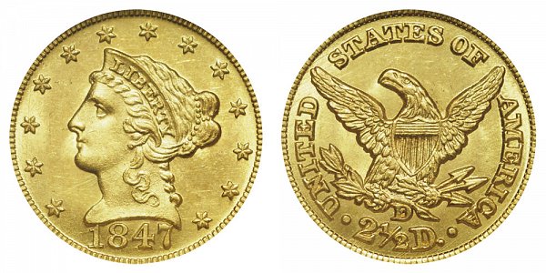 1847 D Liberty Head $2.50 Gold Quarter Eagle - 2 1/2 Dollars 