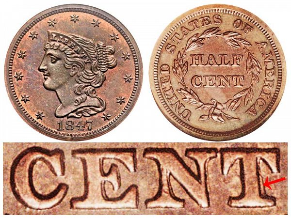 1847 Braided Hair Half Cent Penny - First Restrike 