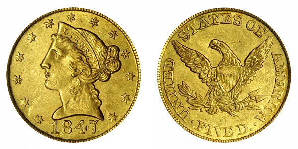 1847 O Liberty Head $5 Gold Half Eagle - Five Dollars 