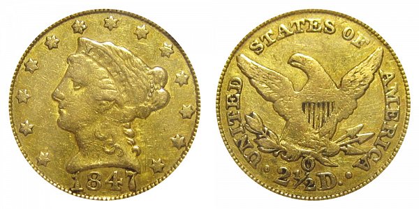 1847 O Liberty Head $2.50 Gold Quarter Eagle - 2 1/2 Dollars 