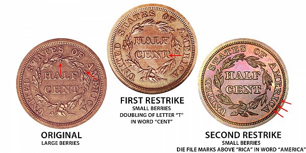 1847 Original vs First Restrike vs Second Restrike Braided Hair Half Cent - Difference and Comparison