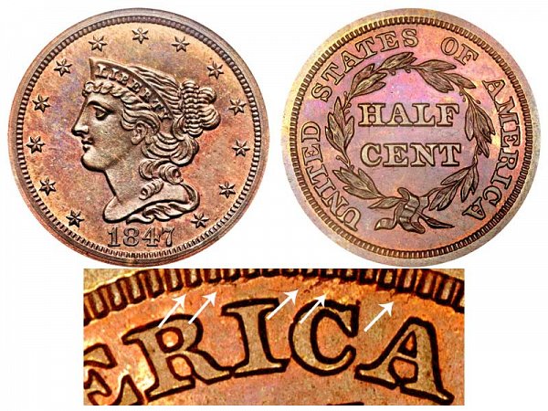1847 Braided Hair Half Cent Penny - Second Restrike