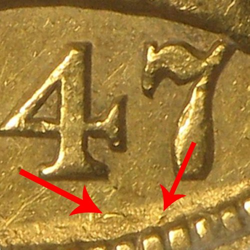 1847 Liberty Head $5 Gold Half Eagle - Top of Extra 7 at Border