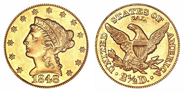 1848 CAL. Liberty Head $2.50 Gold Quarter Eagle - 2 1/2 Dollars 