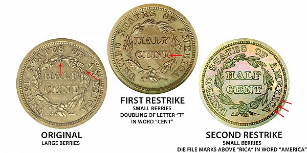 1848 Original vs First Restrike vs Second Restrike Braided Hair Half Cent - Difference and Comparison