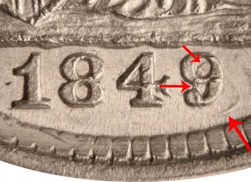 1849/6 Seated Liberty Half Dime - 9 Over Widely Placed 6 Overdate Error