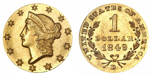 1849 D Liberty Head Gold Dollar G$1 - Open Wreath 