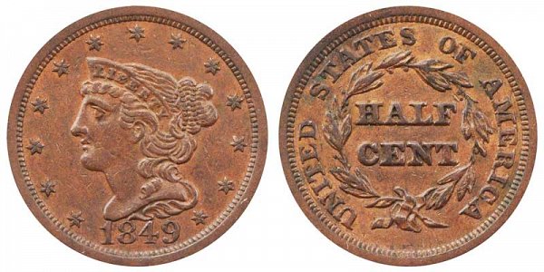 1849 Braided Hair Half Cent Penny - Large Date 