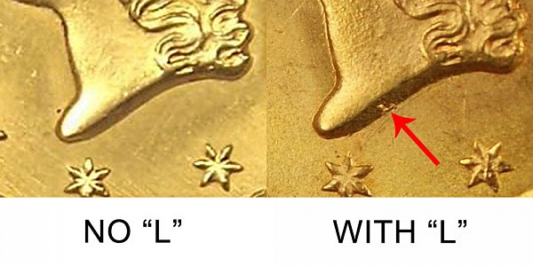 1849 No L vs With L Open Wreath  Liberty Head Gold Dollar - Difference and Comparison