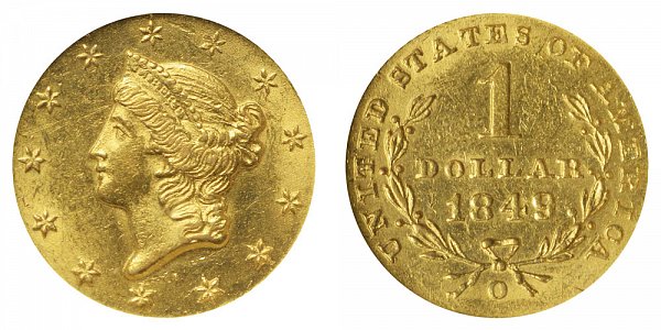 1849 O Liberty Head Gold Dollar G$1 - Open Wreath 