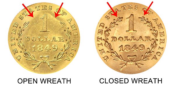 1849 Open Wreath vs Closed Wreath Liberty Head Gold Dollar - Difference and Comparison