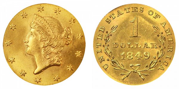 1849 Liberty Head Gold Dollar G$1 - Open Wreath - With L