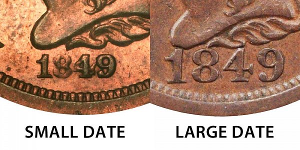 1849 Small Date vs Large Date Braided Hair Half Cent - Difference and Comparison