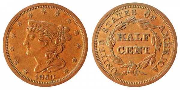 1850 Braided Hair Half Cent Penny 