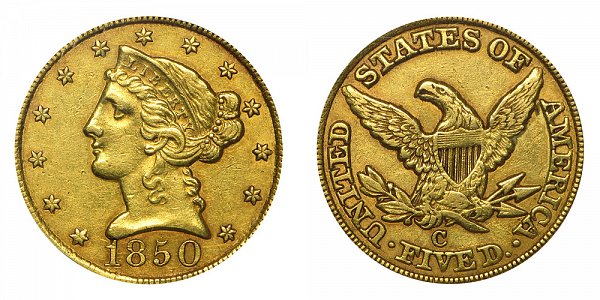 1850 C Liberty Head $5 Gold Half Eagle - Five Dollars 