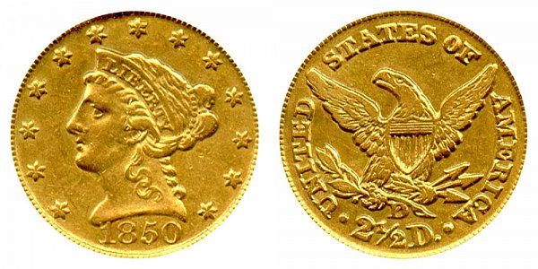 1850 D Liberty Head $2.50 Gold Quarter Eagle - 2 1/2 Dollars 