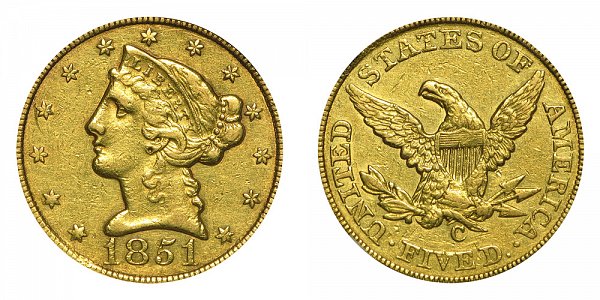 1851 C Liberty Head $5 Gold Half Eagle - Five Dollars 