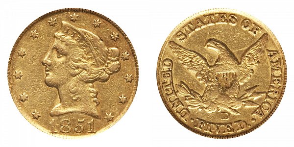 1851 D Liberty Head $5 Gold Half Eagle - Five Dollars 