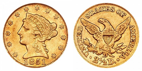1851 D Liberty Head $2.50 Gold Quarter Eagle - 2 1/2 Dollars 
