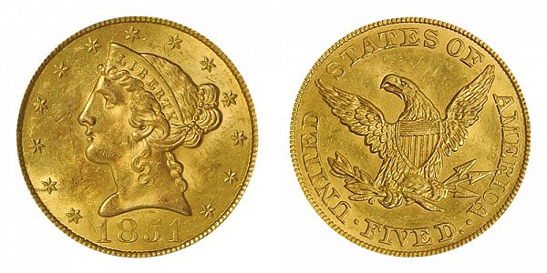 1851 Liberty Head $5 Gold Half Eagle - Five Dollars 