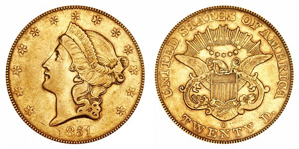 1851 O Liberty Head $20 Gold Double Eagle - Twenty Dollars 