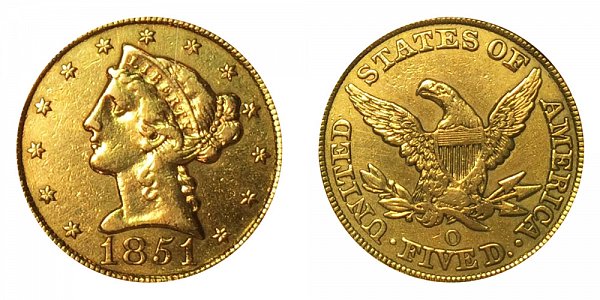 1851 O Liberty Head $5 Gold Half Eagle - Five Dollars 
