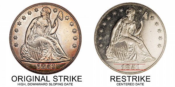 1851 Original Strike vs Restrike Seated Liberty Silver Dollar - Difference and Comparison