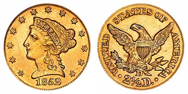 1852 D Liberty Head $2.50 Gold Quarter Eagle - 2 1/2 Dollars 