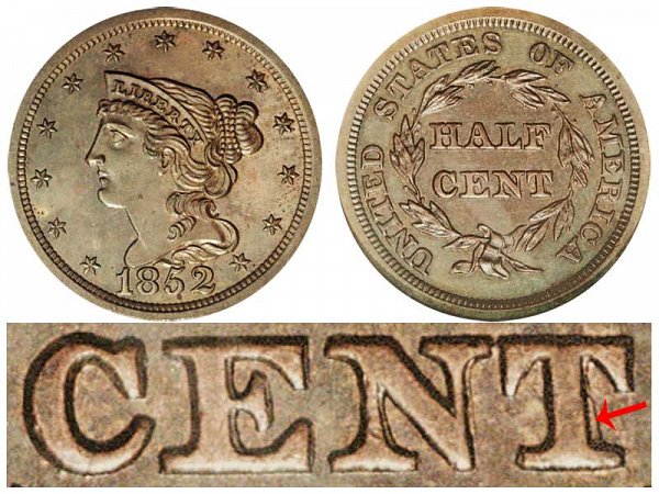 1852 Braided Hair Half Cent Penny - First Restrike 