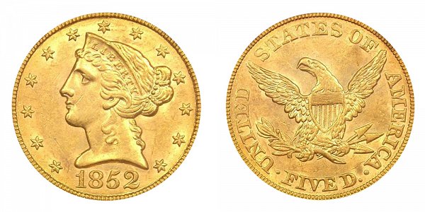 1852 Liberty Head $5 Gold Half Eagle - Five Dollars 