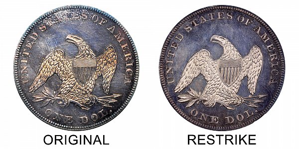 1852 Original vs Restrike Seated Liberty Silver Dollar - Difference and Comparison