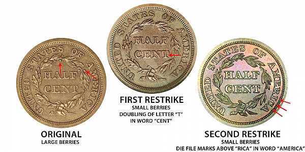 1852 Original vs First Restrike vs Second Restrike Braided Hair Half Cent - Difference and Comparison