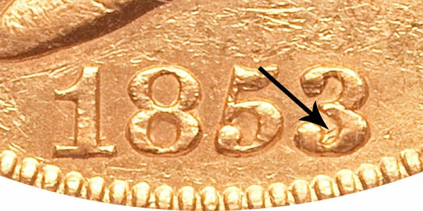 1853/2 Liberty Head Gold Double Eagle - 3 Over 2 Overdate - Closeup Example Image