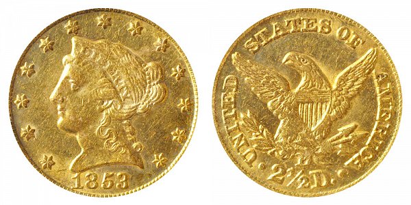 1853 D Liberty Head $2.50 Gold Quarter Eagle - 2 1/2 Dollars 