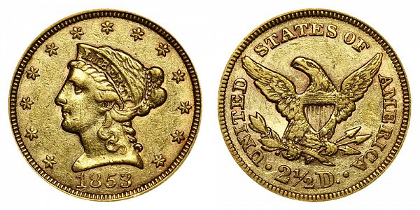 1853 Liberty Head $2.50 Gold Quarter Eagle - 2 1/2 Dollars 