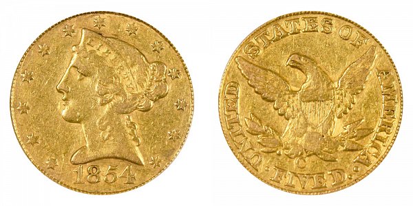 1854 C Liberty Head $5 Gold Half Eagle - Five Dollars 