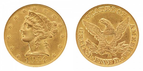 1854 D Liberty Head $5 Gold Half Eagle - Five Dollars 