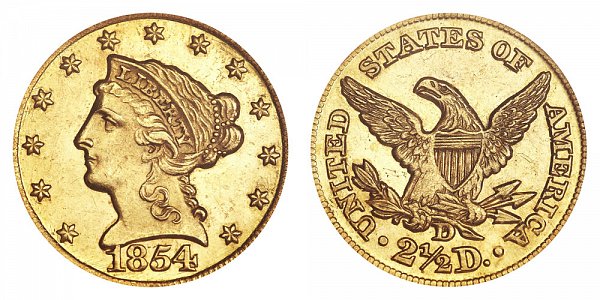 1854 D Liberty Head $2.50 Gold Quarter Eagle - 2 1/2 Dollars 