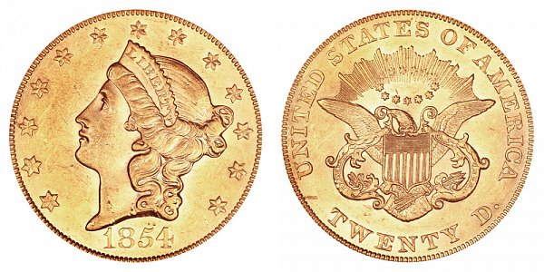 1854 Large Date Liberty Head $20 Gold Double Eagle - Twenty Dollars 