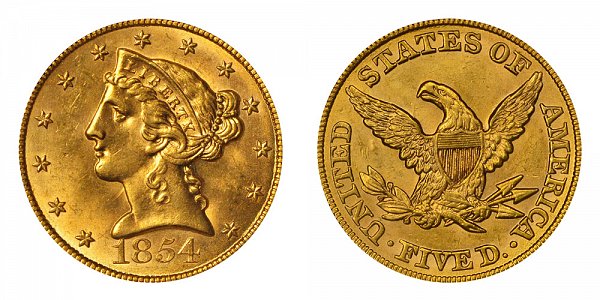 1854 Liberty Head $5 Gold Half Eagle - Five Dollars 