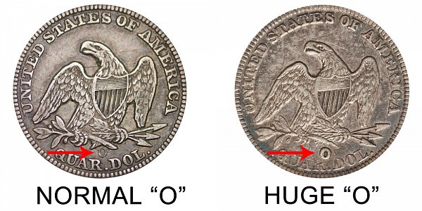 1854 O Seated Liberty Quarter - Normal O vs Huge O - Difference and Comparison